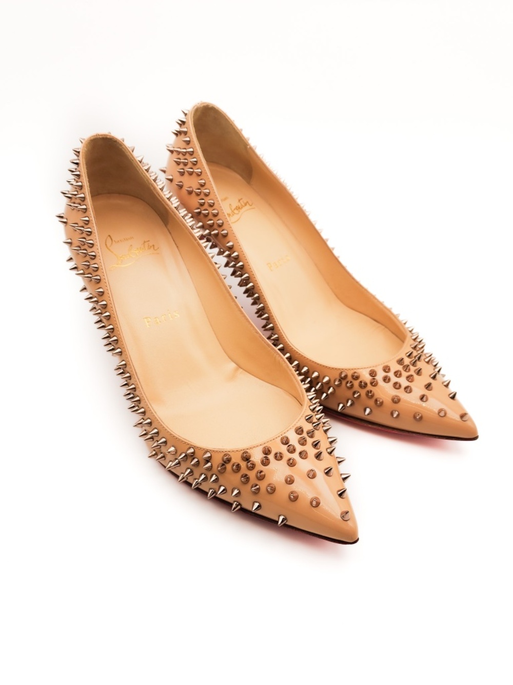 Christian Louboutin Nude Beige Patent Leather Mid Heel Spike Pumps EU 37